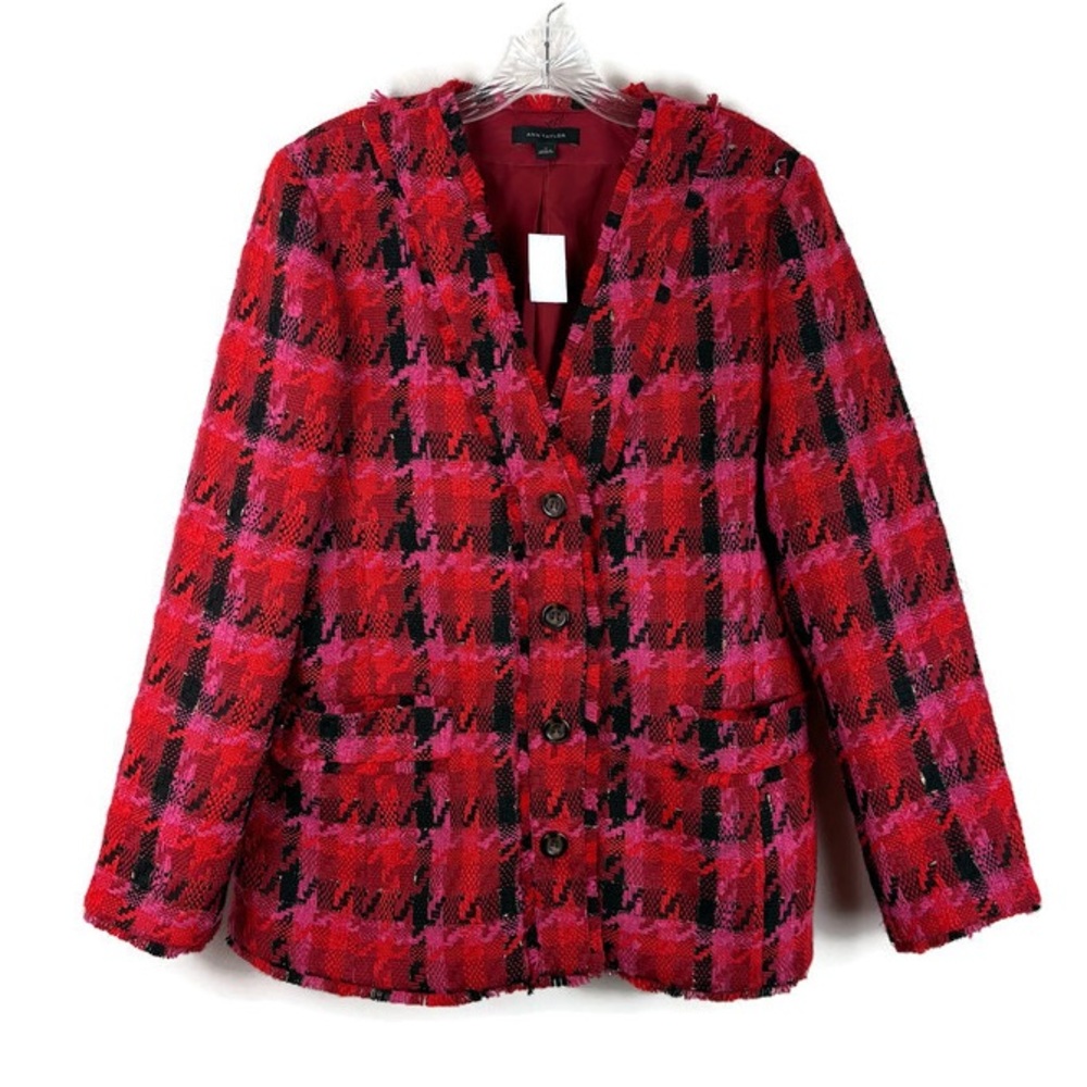 Ann Taylor Houndstooth Tweed Fringe Long Blazer Jacket in Pink/Multicolor